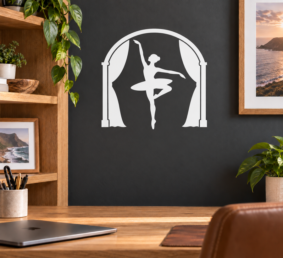 Ballet dancer stage arch vinyl decal in black and white silhouette