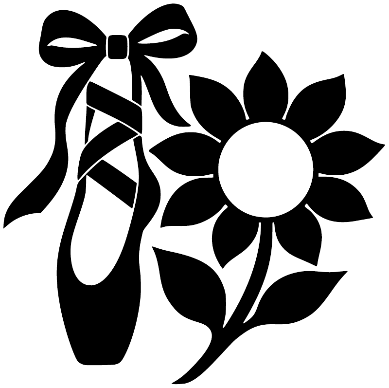 Black and white ballet ribbon pointe shoes with sunflower vinyl decal, isolated on white