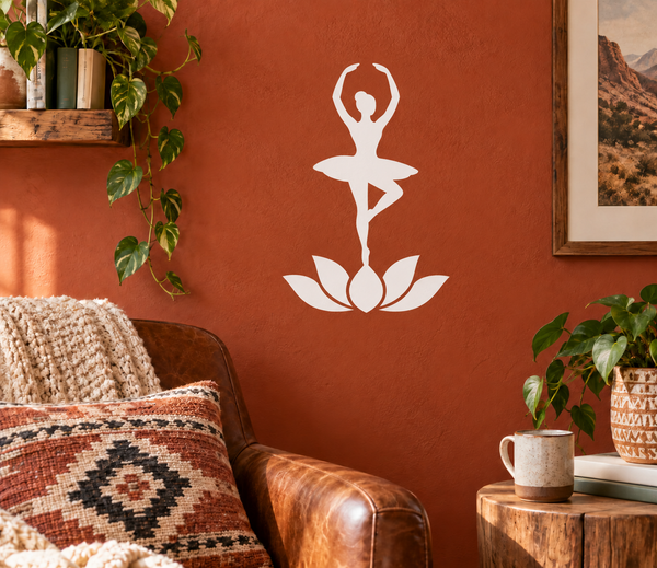 White ballerina silhouette vinyl decal with lotus base, balance pose on wall