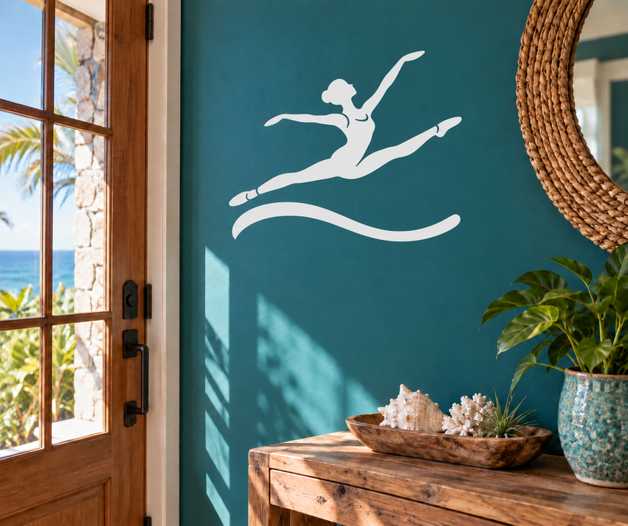 Vinyl ballet dancer flight decal, white silhouette with ribbon flourish