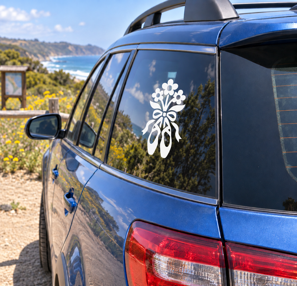 White floral vinyl window decal on car glass, crown-like wildflower design