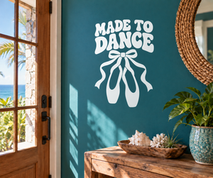 White ballet bow vinyl decal with 'MADE TO DANCE' lettering
