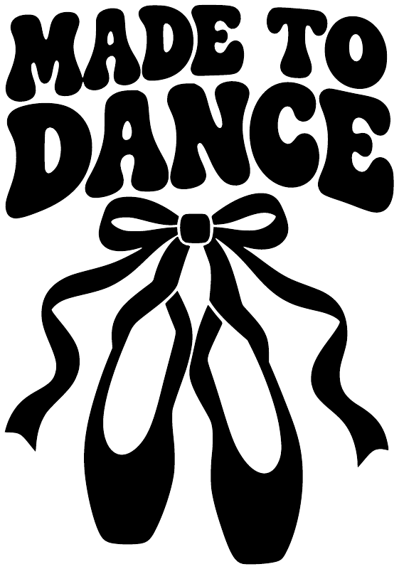 Black ballet bow vinyl decal with 'MADE TO DANCE' lettering, close-up