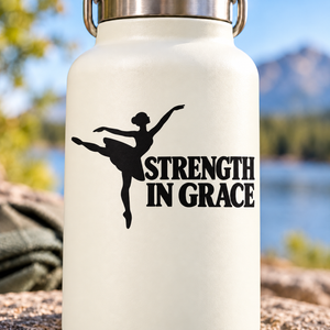 Ballet vinyl decal with black ballerina silhouette and “STRENGTH IN GRACE” text