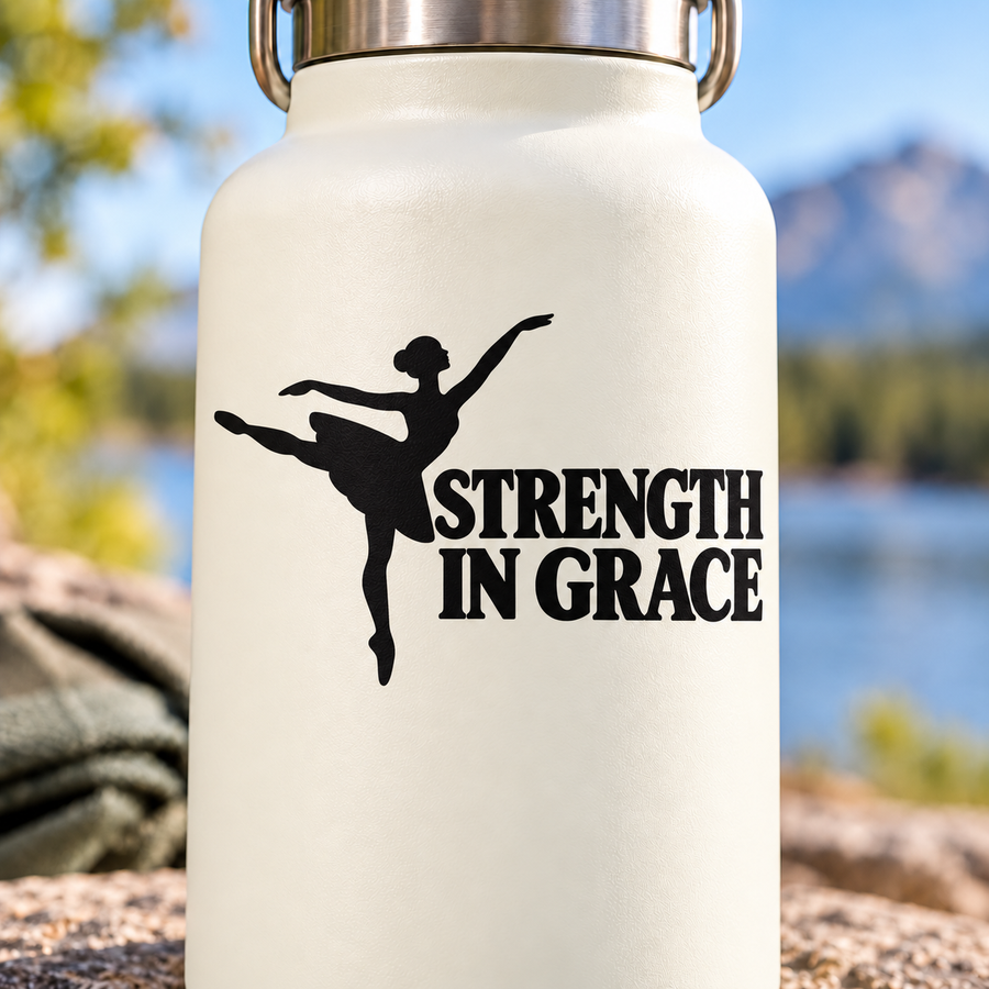 Ballet vinyl decal with black ballerina silhouette and “STRENGTH IN GRACE” text