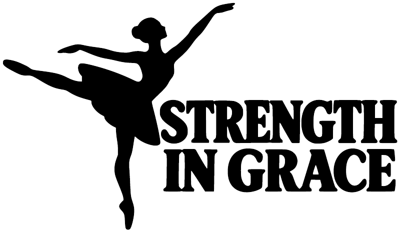 Vinyl decal close-up: black ballerina pose with large “STRENGTH IN GRACE” lettering