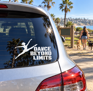 Vinyl decal of a ballet dancer silhouette with “DANCE BEYOND LIMITS” text