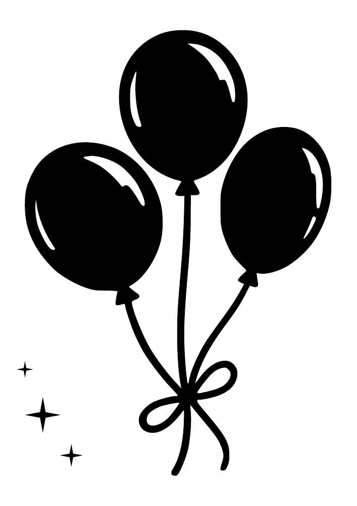 Three black mirrored party balloons with tied ribbon bow and sparkle accents
