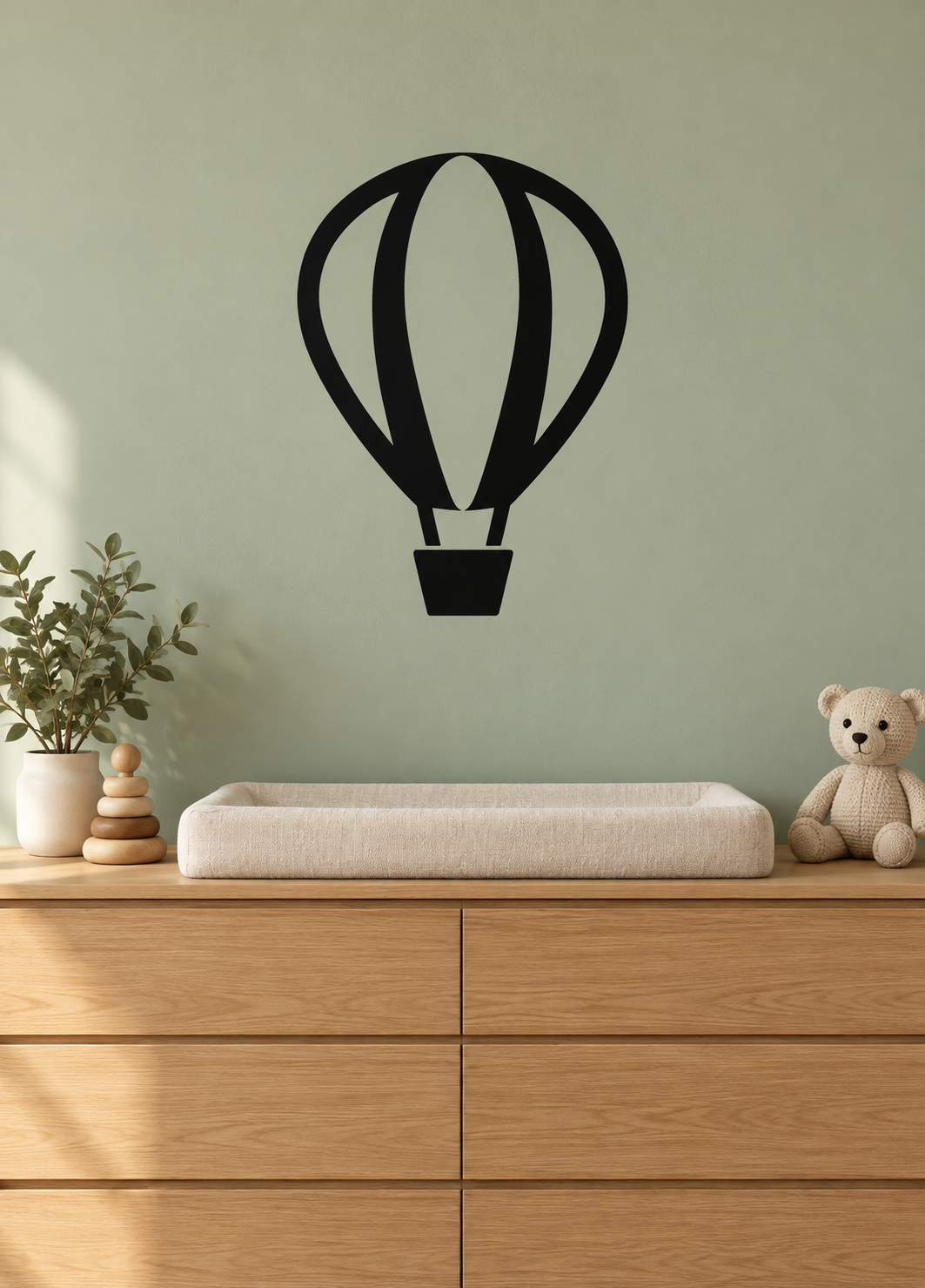 Hot air balloon vinyl wall decal in black and white, with basket silhouette