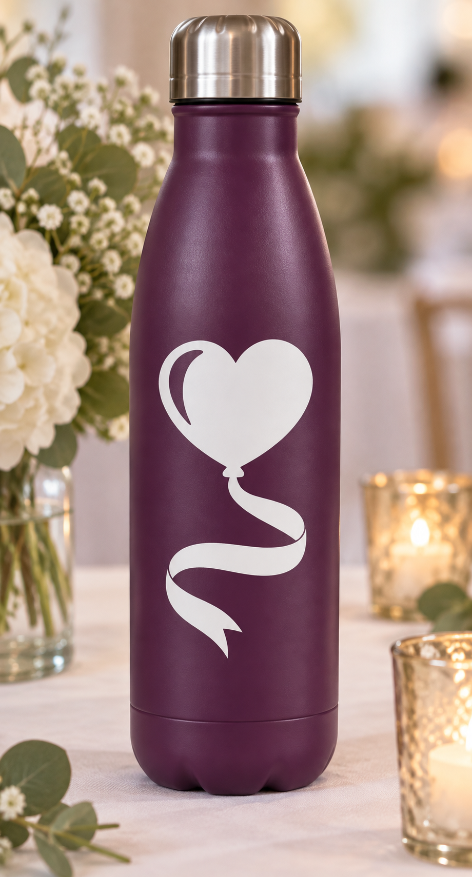 Heart balloon vinyl decal: white heart and ribbon swirl on purple bottle