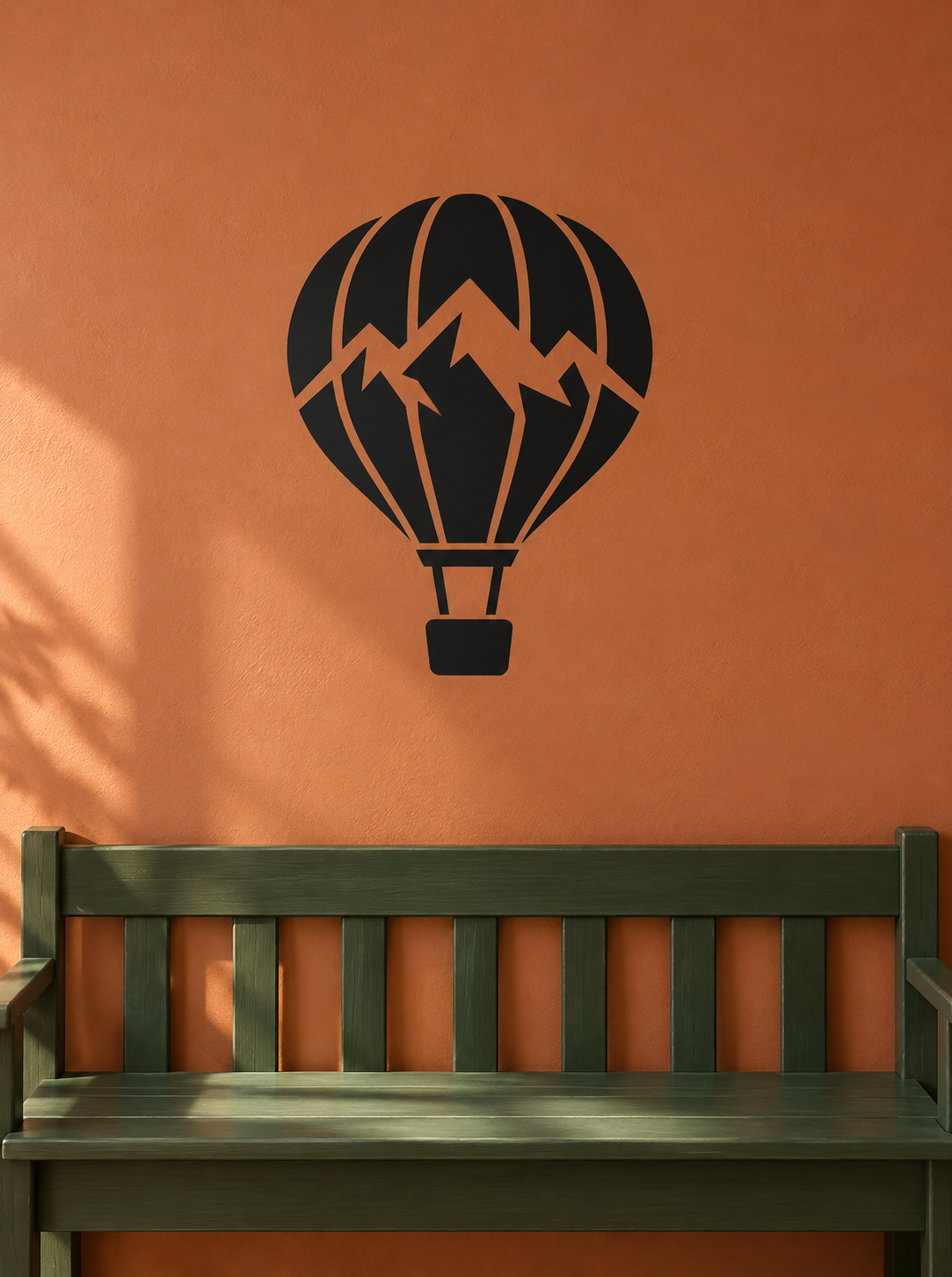 Black hot air balloon vinyl decal with orange detail lines and basket