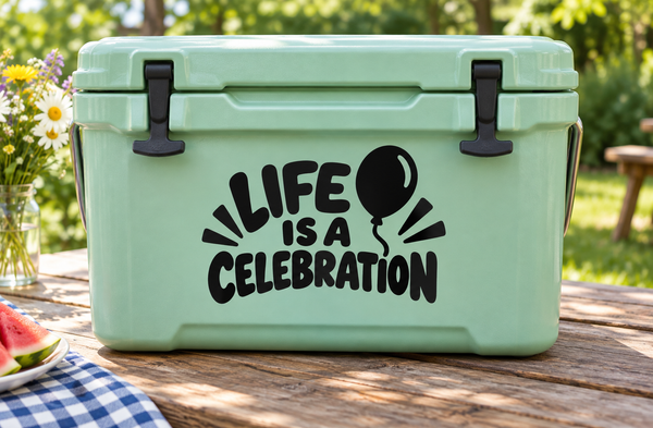 Mint cooler with black 'Life Is a Celebration' vinyl decal and balloon icon