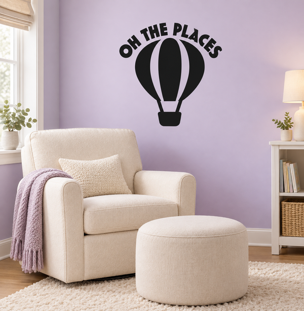 Hot air balloon vinyl wall decal with 'OH THE PLACES' text, black and white