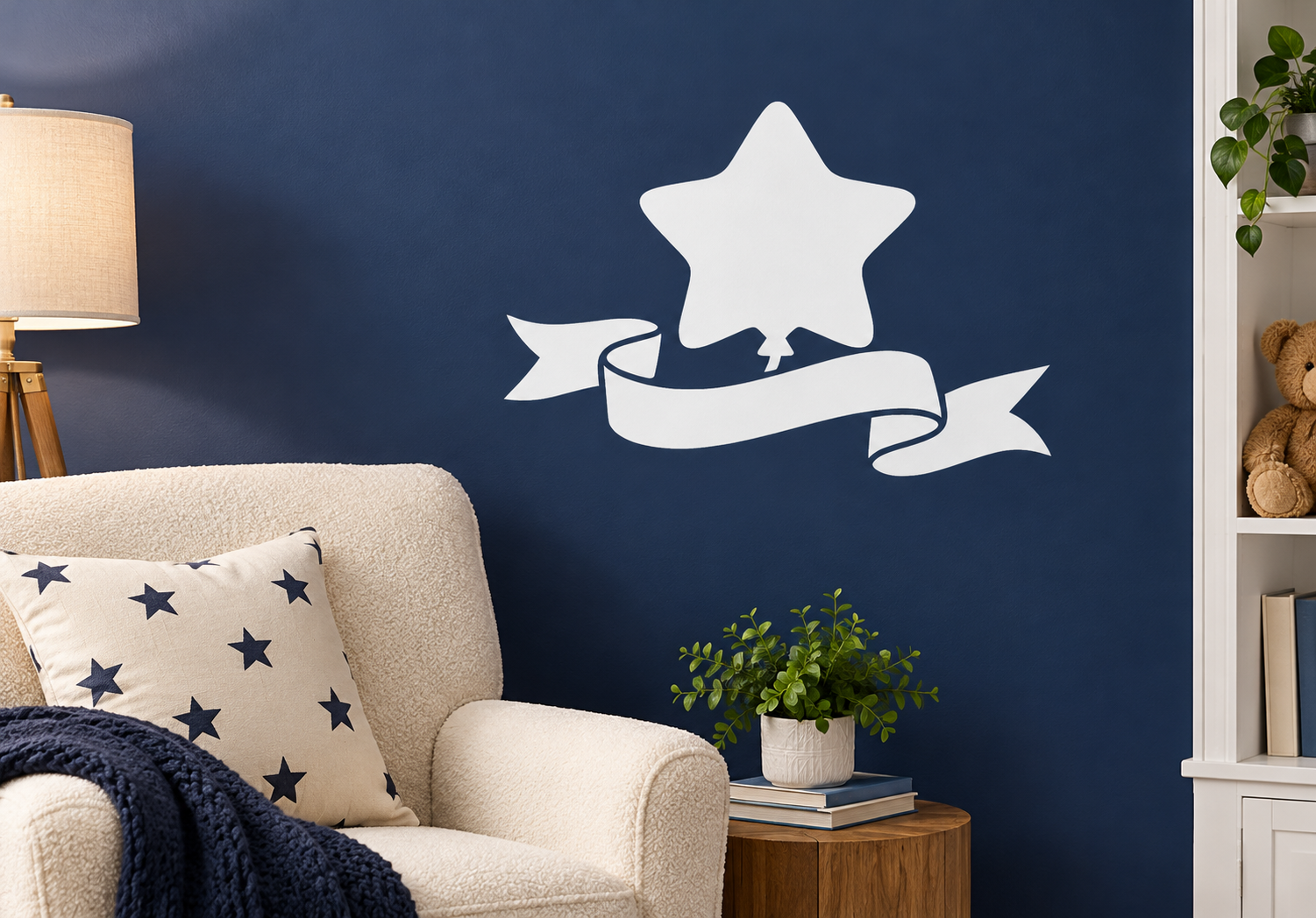 White star balloon vinyl decal with flowing ribbon and small star accents