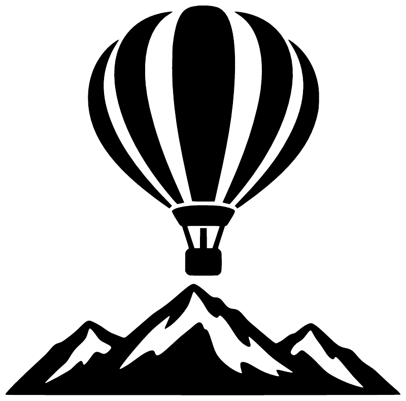Black hot air balloon over mountain range vinyl decal with layered mountain peaks