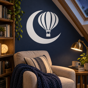 Balloon and crescent moon vinyl wall decal: hot-air balloon over crescent moon
