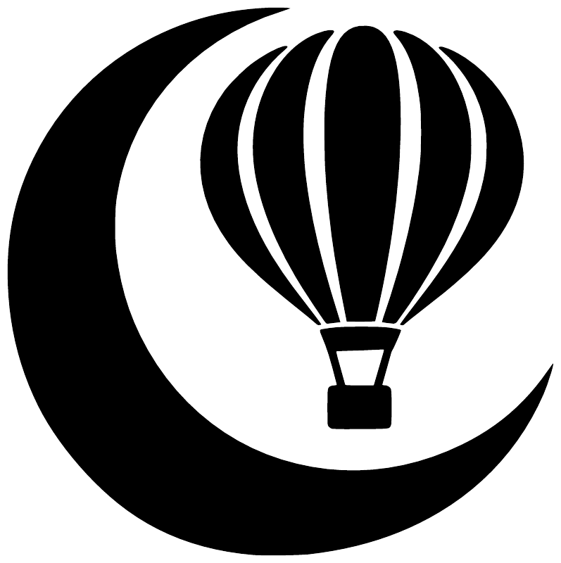 Hot-air balloon and crescent moon vinyl decal, bold black and white design