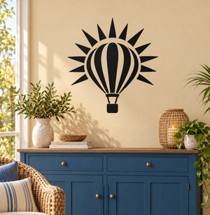 Hot air balloon sunburst vinyl decal with black and white striped balloon