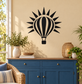 Hot air balloon sunburst vinyl decal with black and white striped balloon