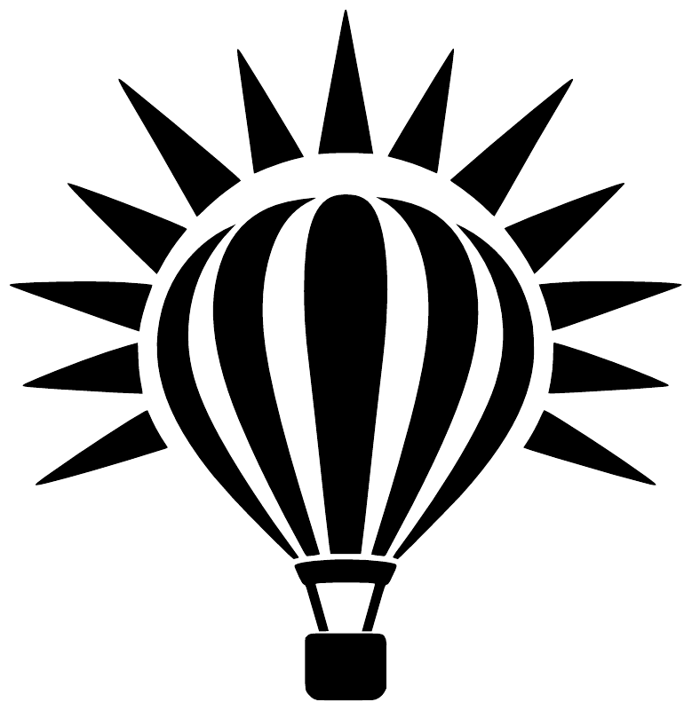 Black and white hot air balloon sunburst vinyl decal, striped balloon with flame basket