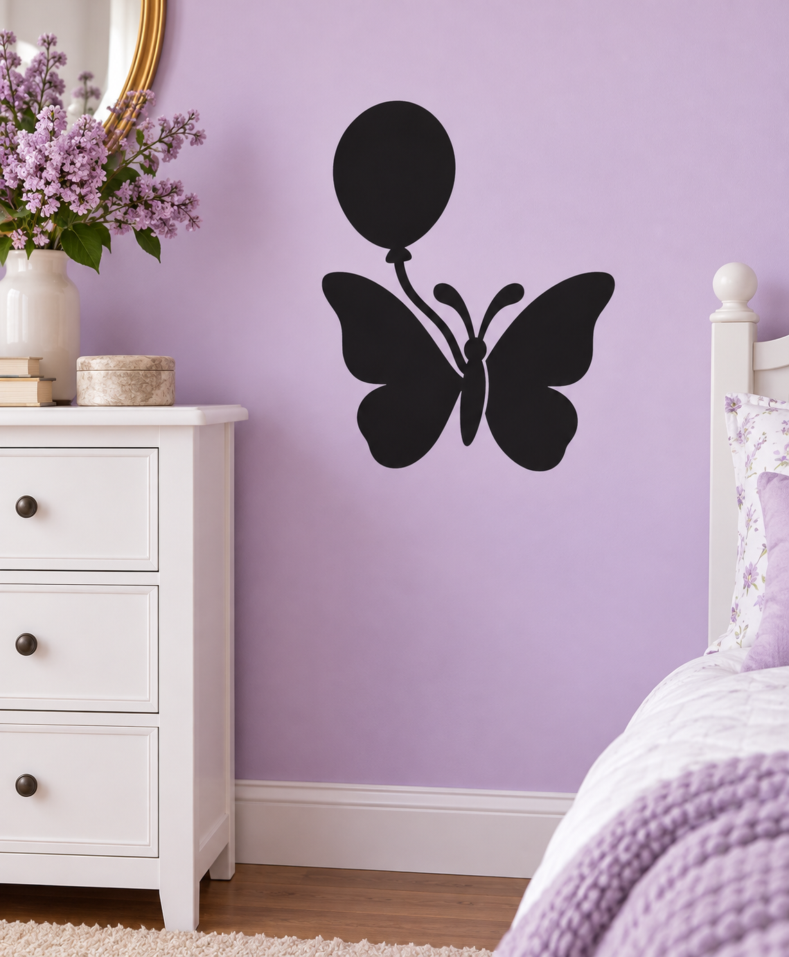 Balloon and butterfly vinyl wall decal with black balloon and butterfly silhouette