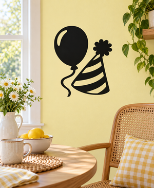 Black balloon and striped party hat vinyl wall decal with ribbon streamers