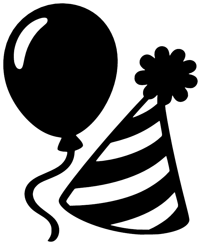 Black balloon and striped party hat vinyl decal close-up