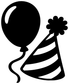 Black balloon and striped party hat vinyl decal close-up