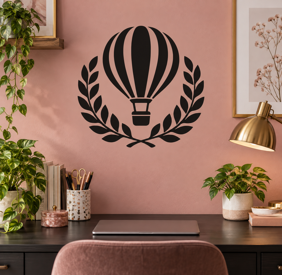 Black balloon and laurel vinyl decal with hot-air balloon and wreath leaves