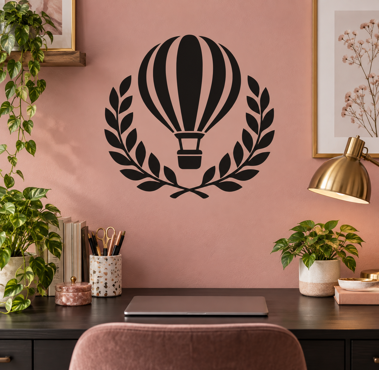 Black balloon and laurel vinyl decal with hot-air balloon and wreath leaves