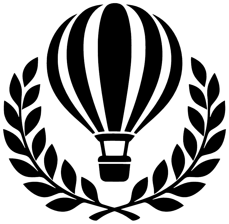 Black hot-air balloon and laurel leaf vinyl decal, centered wreath design