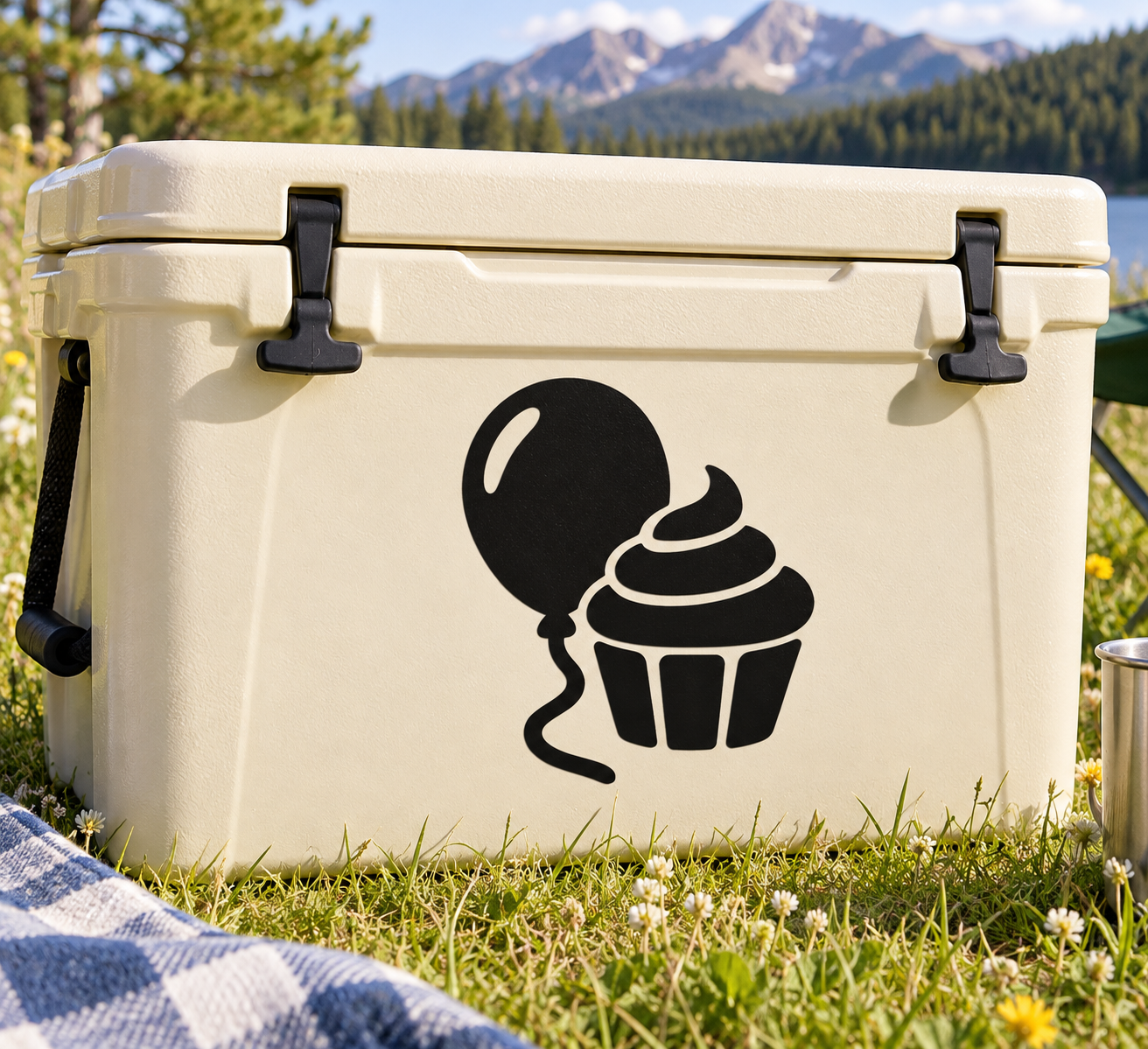 Vinyl balloon and cupcake decal on white cooler lid, black silhouette