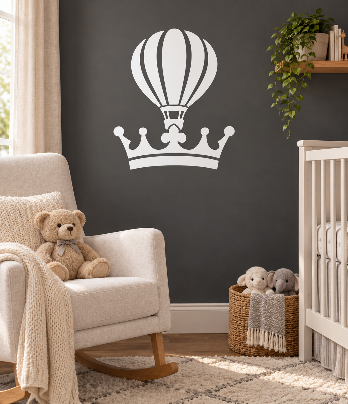 Hot-air balloon and crown vinyl decal in black and white