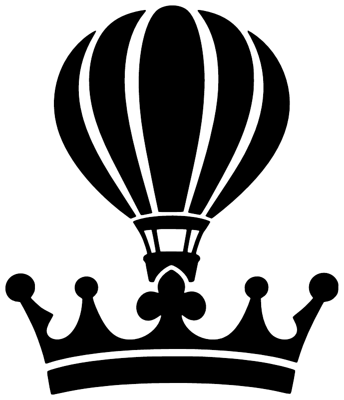 Hot-air balloon and crown vinyl decal, bold black outline with white stripes