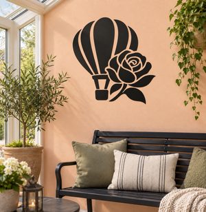 Black hot-air balloon and rose vinyl wall decal