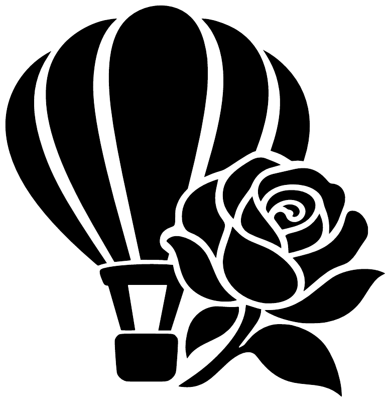 Black hot-air balloon and rose vinyl decal with bold graphic outlines