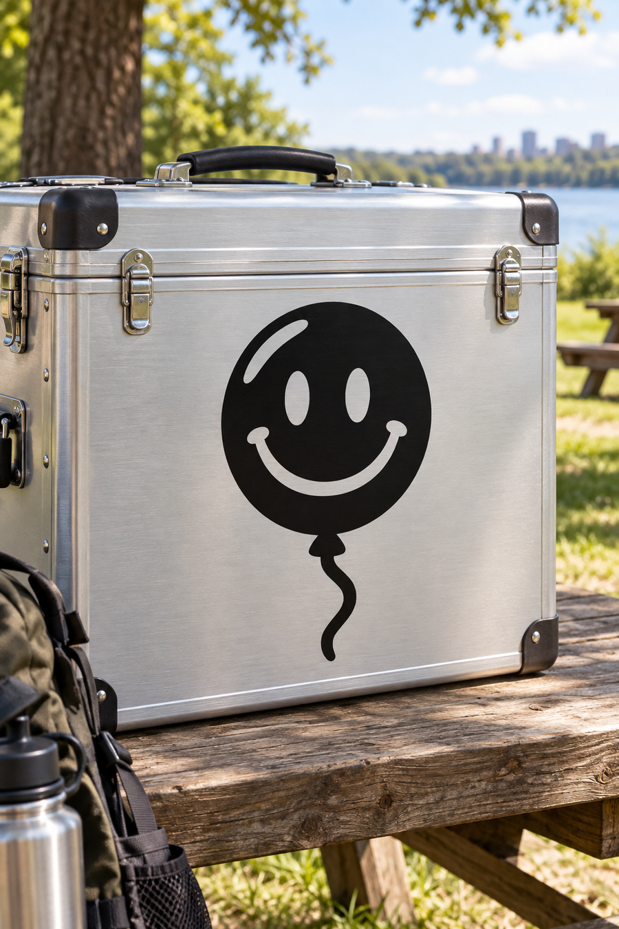 Black smiley balloon vinyl decal with happy face and wavy balloon string