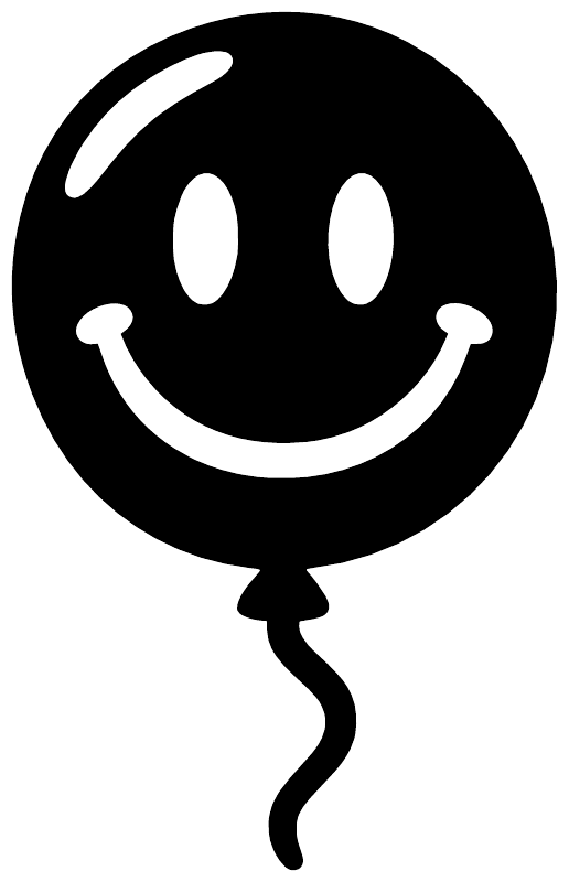 Close-up of black happy smiley balloon vinyl decal with white eyes and mouth