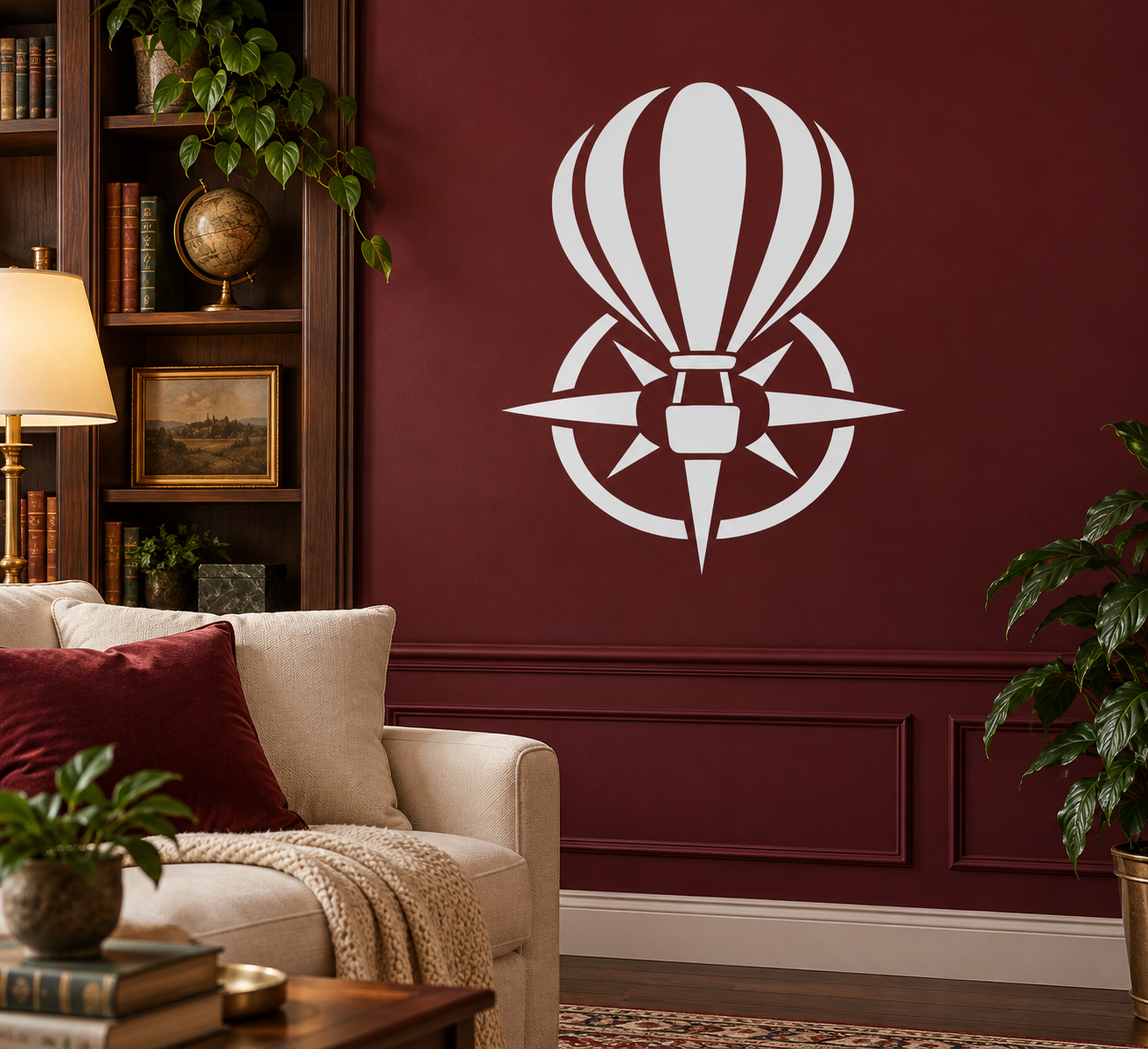 White hot air balloon and compass vinyl decal with starburst accents