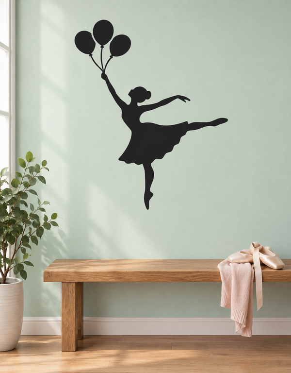 Ballerina silhouette vinyl wall decal with three balloons, black