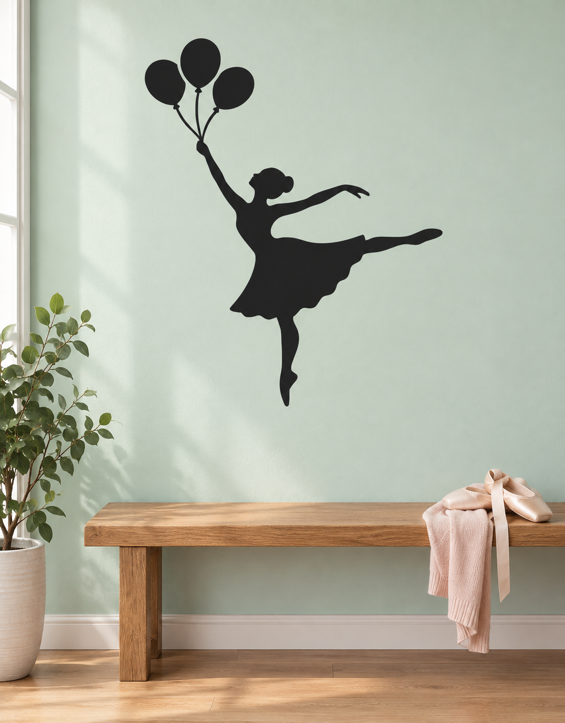 Ballerina silhouette vinyl wall decal with three balloons, black