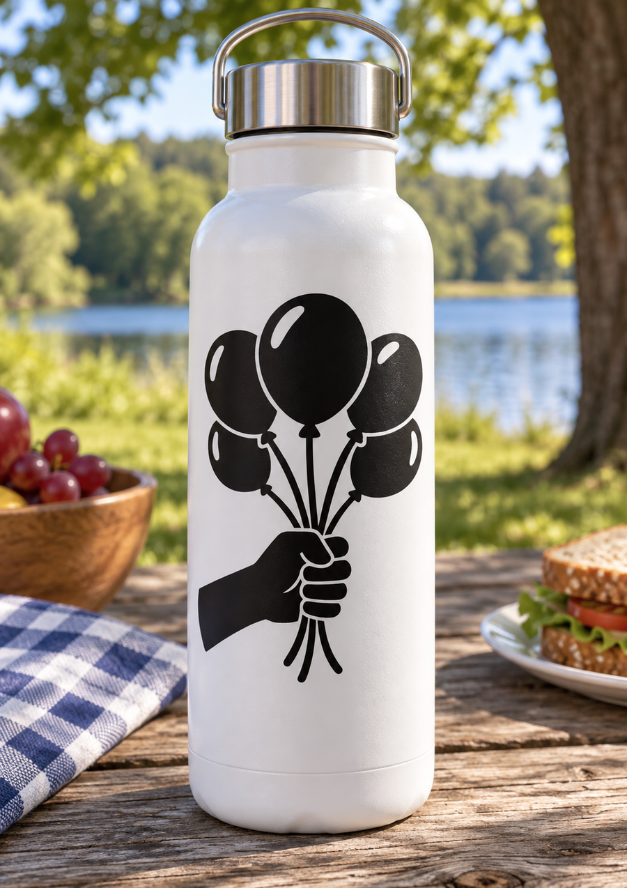 Balloon bouquet vinyl decal: hand holding black balloon cluster on white bottle