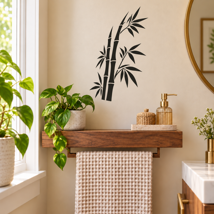 Black bamboo stem and leaves vinyl wall decal with sweeping vertical design