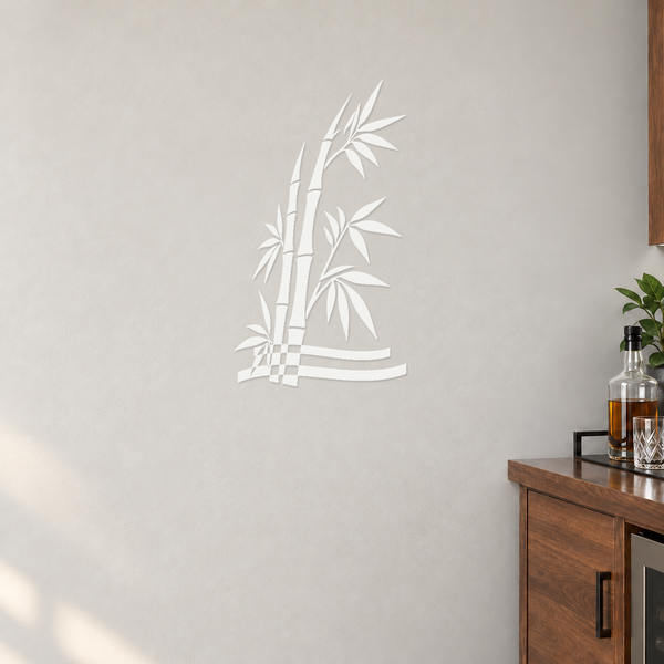 Bamboo wall decal with sweeping stems, leaves, and checkered base in white