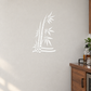 Bamboo wall decal with sweeping stems, leaves, and checkered base in white