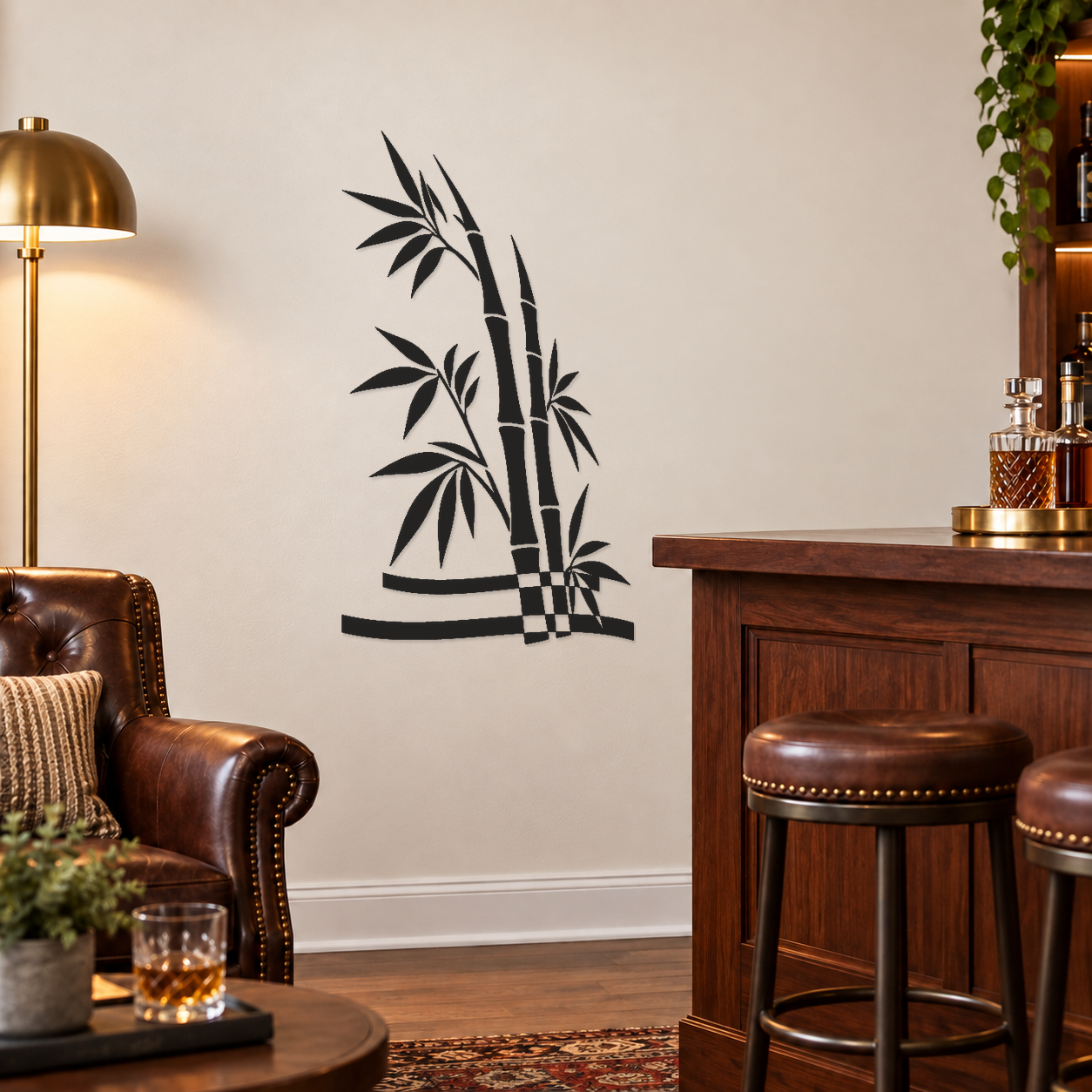 Black bamboo wall decal with layered horizon ribbons and checkered base.