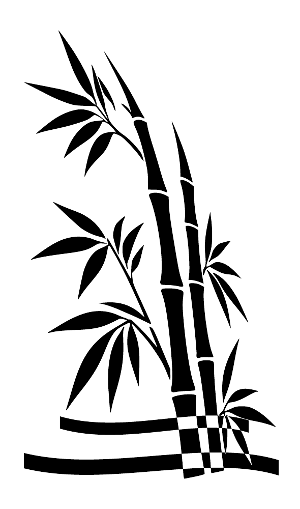 Close-up black bamboo wall decal with stacked leaves and checkered horizon ribbon.