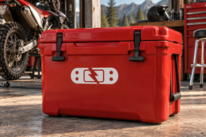 Red toolbox with white lightning repair vinyl decal icon centered on front