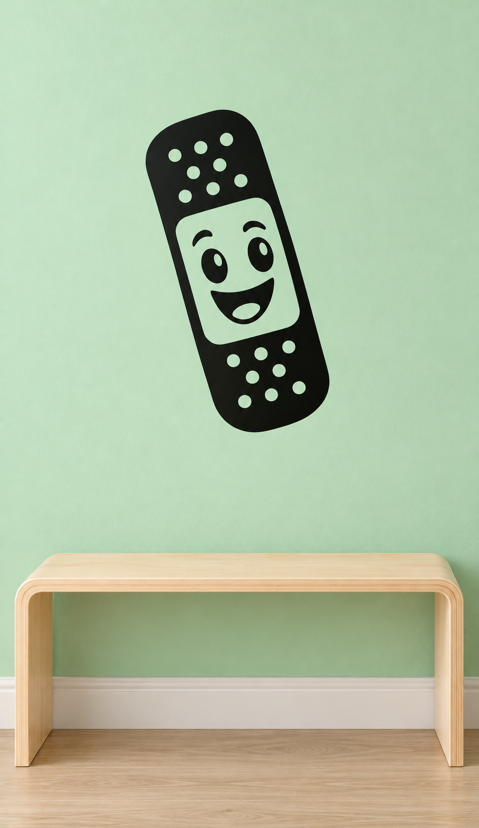 Bandage-shaped vinyl decal with smiling face and white dot accents on dark strip