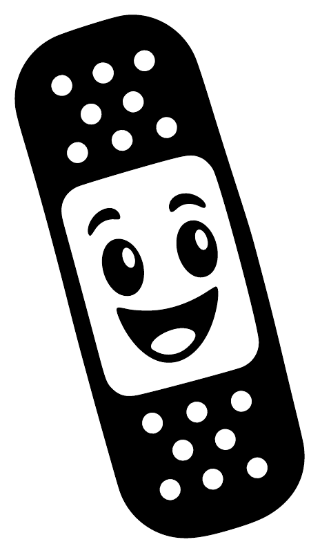 Bandage-shaped vinyl decal close-up with smiling face, black strip, and white dots